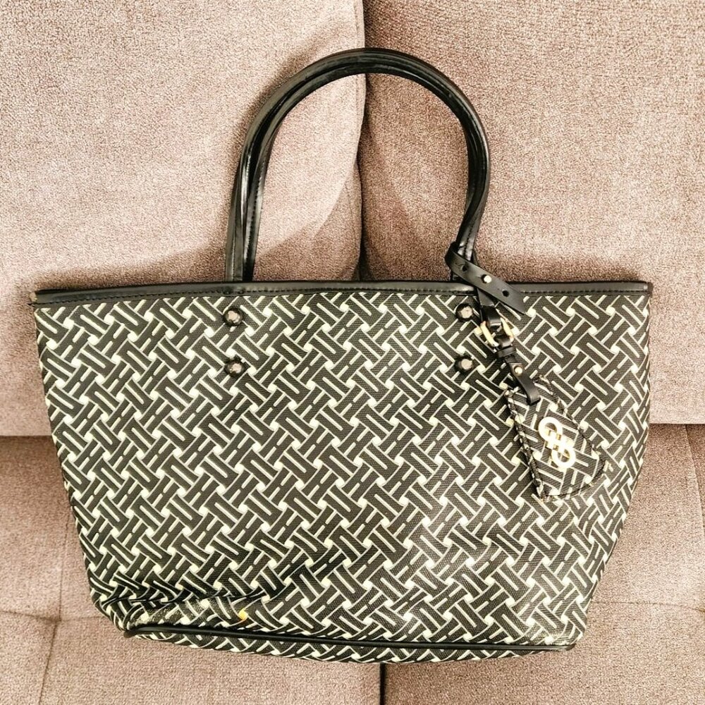 Cole Haan Black And White Leather Canvas Tote Bag